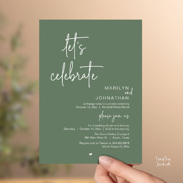 Invitation Let's Celebrate, Minimal Modern Wedding Reception (Let's Celebrate, Modern Minimal Wedding Reception dinner dancing Invitation card sage green)
