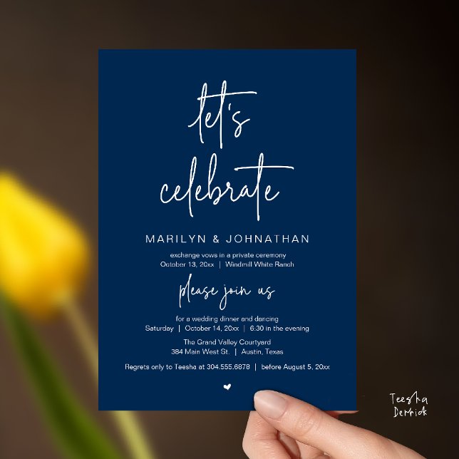 Invitation Let's Celebrate, Modern Minimal Wedding Reception (Let's Celebrate, Modern Minimal Wedding Reception dinner dancing Invitation card navy blue)