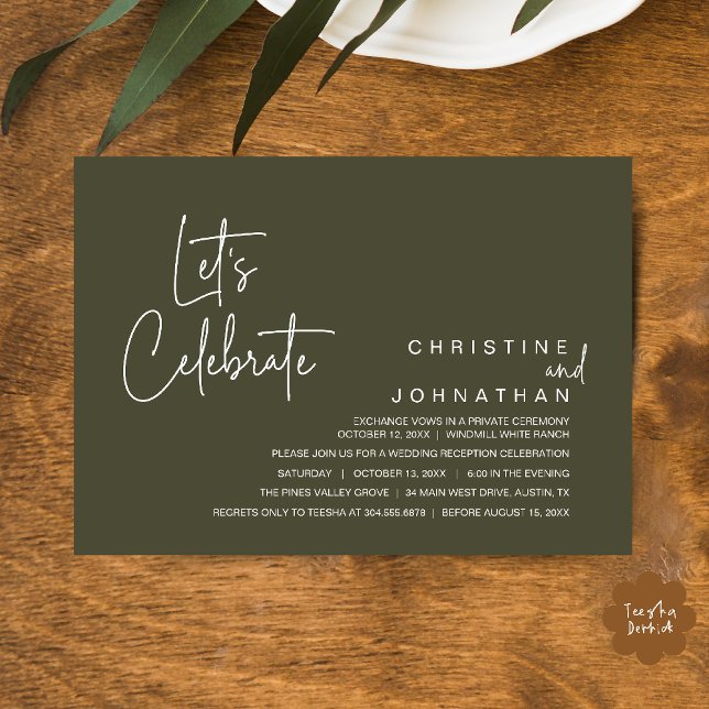 Invitation Let's Celebrate, Wedding Elopement Dinner Party (Let's Celebrate, modern minimal Wedding Elopement Dinner Party Invitation card in olive green)