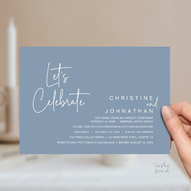 Invitation Let's Celebrate, Wedding Elopement Dinner Party (Let's Celebrate, modern minimal Wedding Elopement Dinner Party Invitation card in dusty blue)