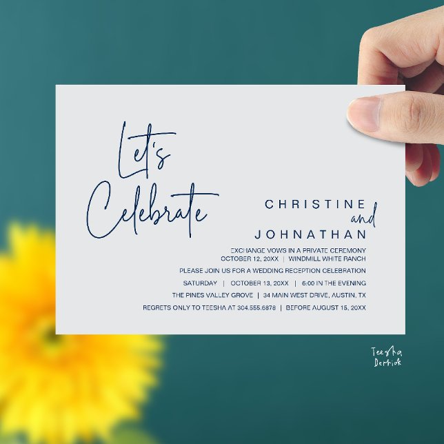 Invitation Let's Celebrate, Wedding Elopement Dinner Party (Let's Celebrate, modern minimal Wedding Elopement Dinner Party Invitation card in navy blue grey)