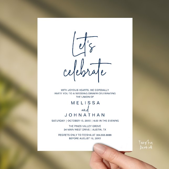 Invitation Let's Celebrate, Wedding Elopement Reception (Let's Celebrate, Modern Minimal Wedding Elopement Reception Dinner Invites Card in Navy Blue)