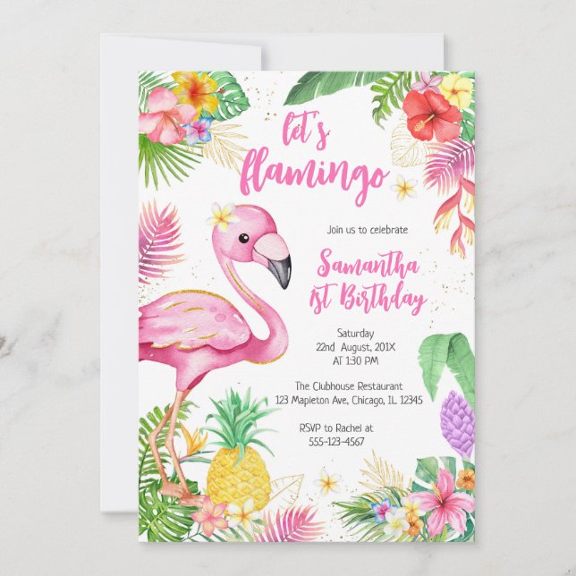 Invitation Let's Flamingle Pink Girl Tropical Birthday (Devant)