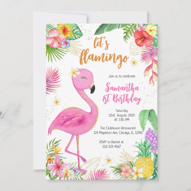 Invitation Let's Flamingle Pink Girl Tropical Birthday (Devant)