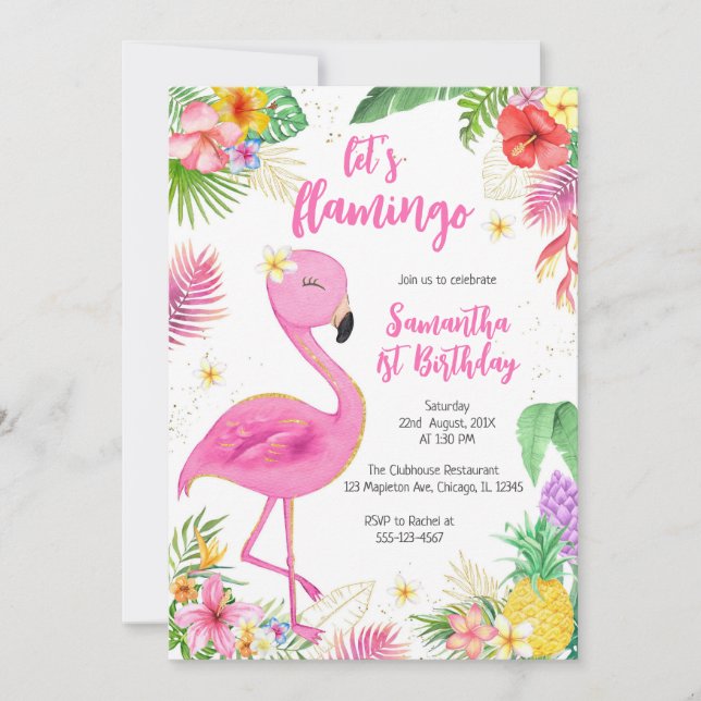 Invitation Let's Flamingle Pink Girl Tropical Birthday (Devant)