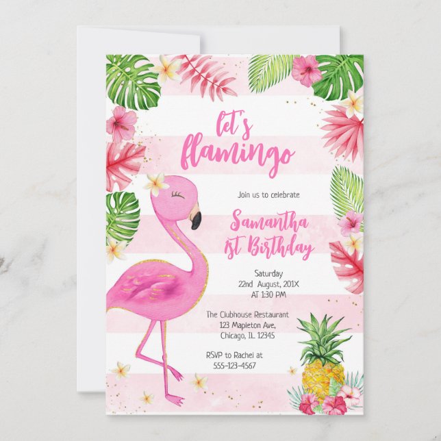 Invitation Let's Flamingle Pink Girl Tropical Birthday (Devant)