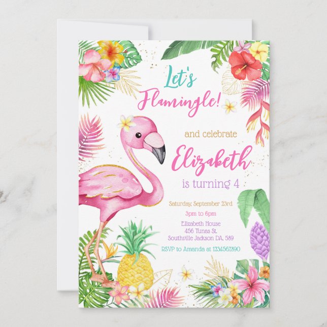 Invitation Let's Flamingo Flamingle Tropical Birthday  (Devant)