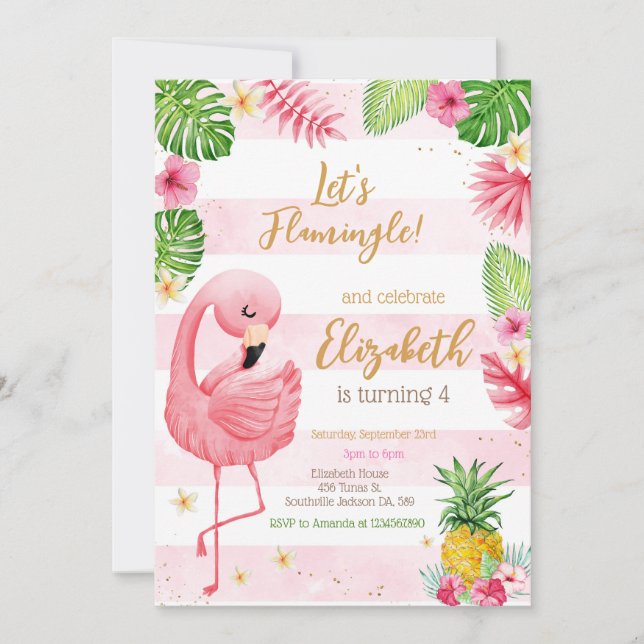 Invitation Let's Flamingo Flamingle Tropical Birthday (Devant)