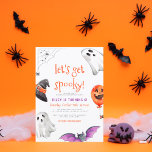 Invitation Let's Get Spooky | Cute Halloween Birthday Party<br><div class="desc">This spooktactular birthday party invitation is perfect for Halloween-themed or October celebrations! The front of the card features "let's get spooky!" and your event details in modern typography with a border of ghosts, a wizard hat, a purple bat, a pumpkin balloon, and a spider's web. Cards reverse to a white...</div>