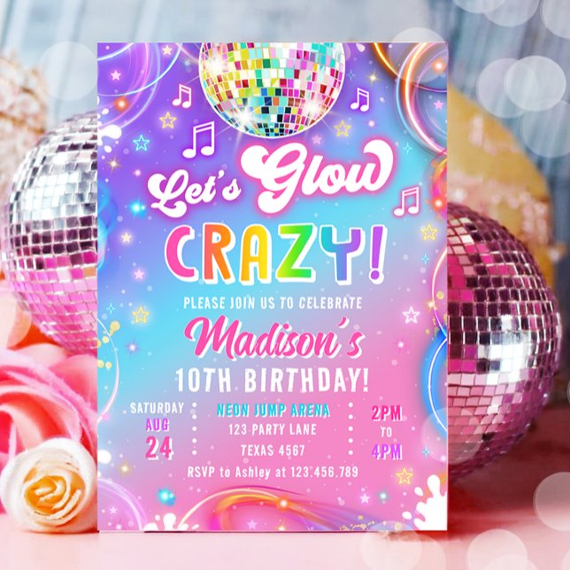 Invitation Let's Glow Crazy Disco Neon Glow Girl Birthday (Créateur téléchargé)