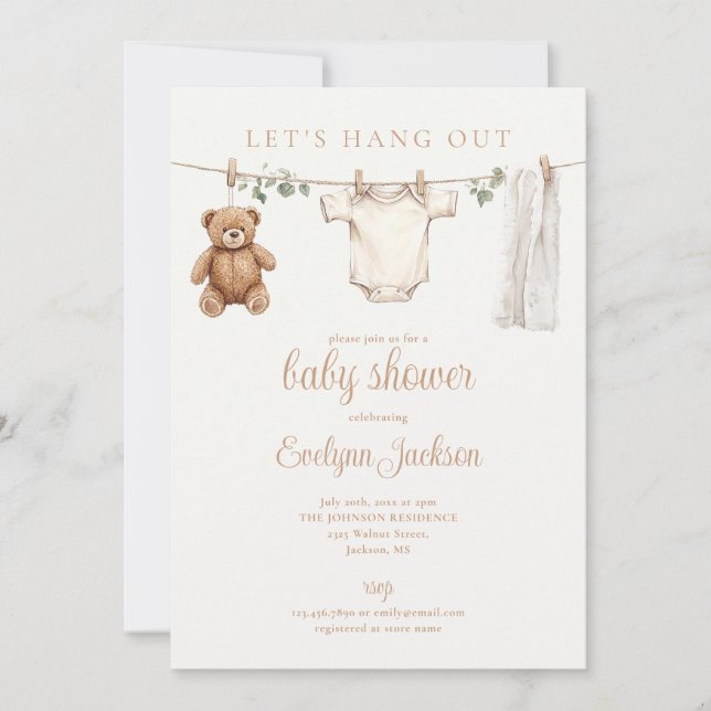 Invitation Lets Hang Out Clothesline Neutral Baby Shower (Devant)