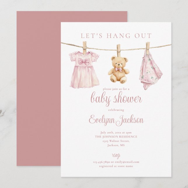 Invitation Lets Hang Out Pink Girl Clothesline Baby Shower (Devant / Derrière)
