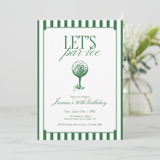 Invitation Lets Par Tee Golf Birthday Party Green Stripe (Debout devant)