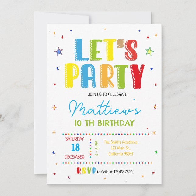 Invitation Let's party colorful birthday party (Devant)