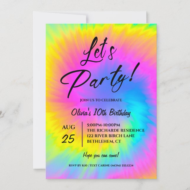 Invitation Let's Party  Colorful Tie Dye birthday  (Devant)