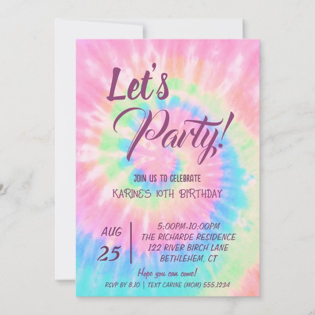 Invitation Let's Party, Pink Tie Dye birthday (Devant)