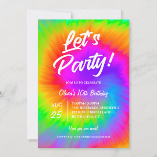 Invitation Let's Party Vibrant Tie Dye birthday