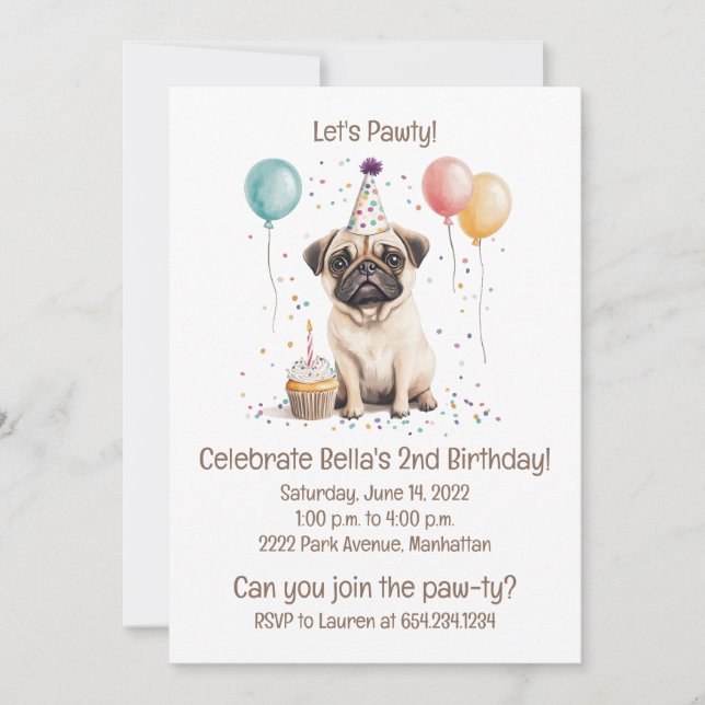 Invitation Let's Pawty Birthday Pug Dogs Cupcake (Devant)