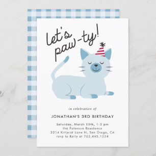 Invitation Lets Pawty Cute Kitty Chat Blue Anniversaire