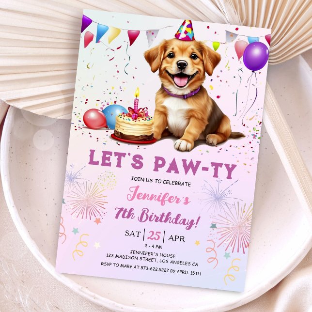 Invitation Lets Pawty Dog Anniversaire Fille 7e Anniversaire (Créateur téléchargé)