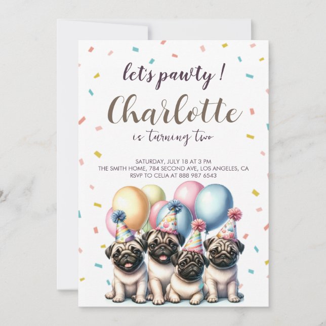 Invitation Let's pawty Dog birthday (Devant)