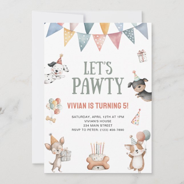 Invitation Let's Pawty Funny Dog Birthday Party (Devant)