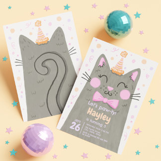 Invitation Lets Pawty Grey Cute Kitty Chat Visage Anniversair