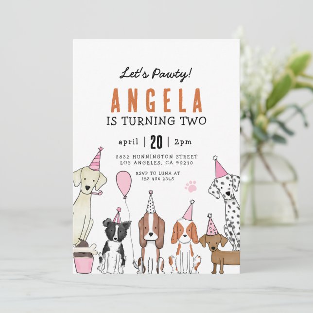 Invitation Lets Pawty Puppy Pawty Dog girl Birthday (Debout devant)