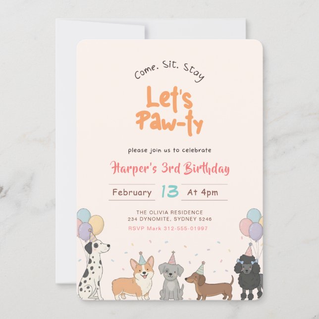 Invitation Lets Pawty Watercolor Cute Puppy Dog Pet Birthday (Devant)