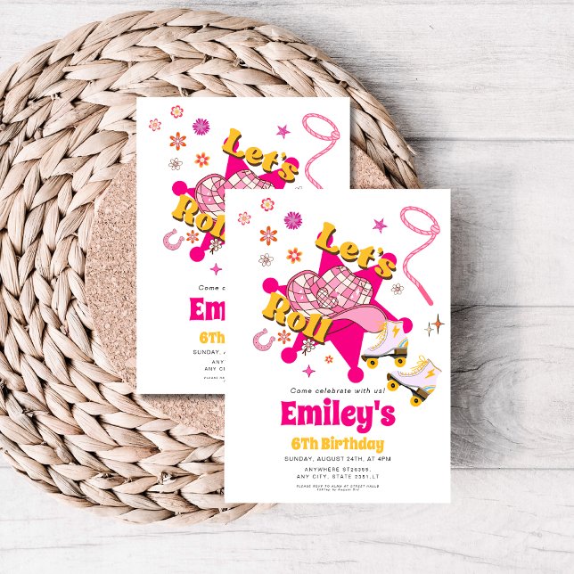Invitation Let's Roll Girl Cowgirl roller skate Birthday  (Créateur téléchargé)