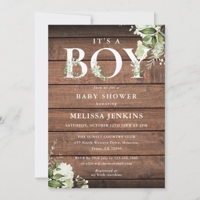 Invitation Lettre A Boy Greenery Baby shower rustique en bois (Devant)
