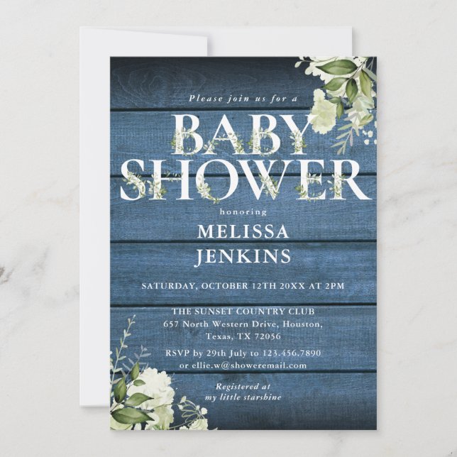 Invitation LETTRE Bleue Rustique Baby shower Floral (Devant)