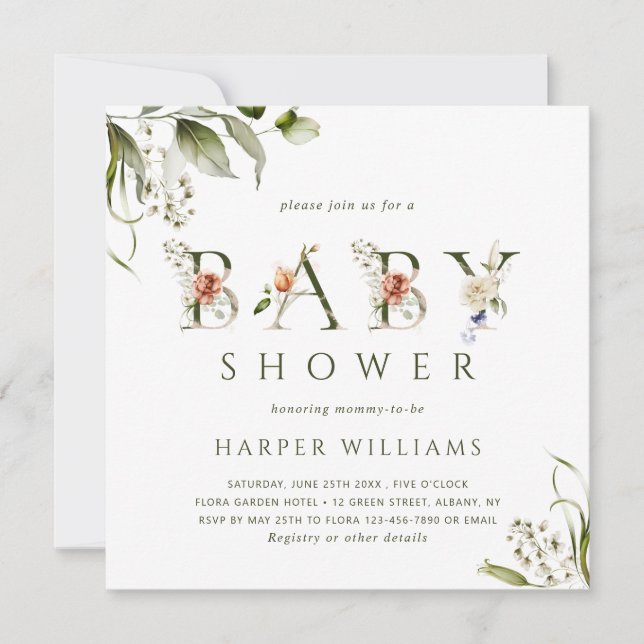 Invitation LETTRE BOtanique AQUACOLE Florale Baby shower (Devant)