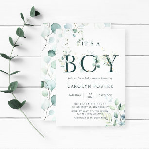 Invitation LETTRE Botanique Eucalyptus Baby shower garçon
