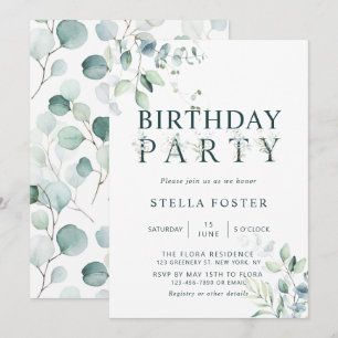 Invitation LETTRE BOtanique Eucalyptus Fête d'anniversaire
