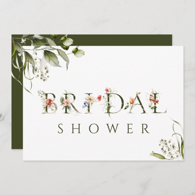 Invitation LETTRE BOtanique Olive Vert Floral Fête des mariée (Devant / Derrière)