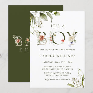 Invitation LETTRE BOtanique VERTE Olive Baby shower