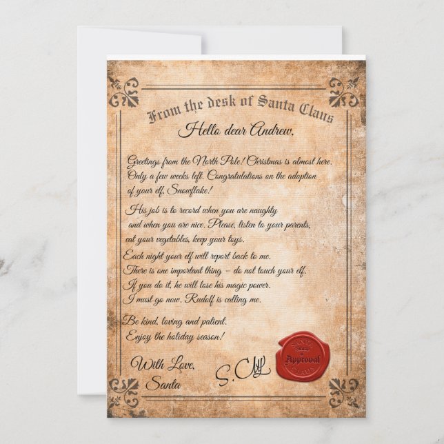 Invitation Lettre d'adoption d'elfe de la part du Père Noël  (Devant)