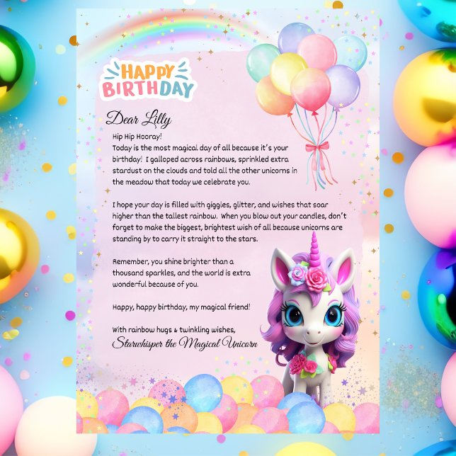 Invitation Lettre d'anniversaire Unicorne personnalisée Note  (Magical Pastel Rainbow Unicorn Birthday Letter — Cute Whimsical Gift Note)