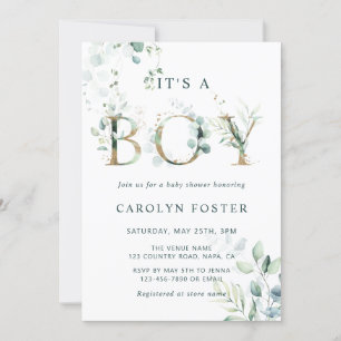 Invitation LETTRE D'OR Eucalyptus QR Code Baby shower garçon