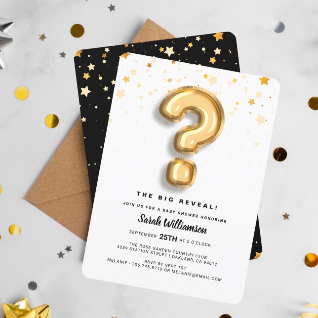Invitation LETTRE ET CONFESTIT D'HUILE D'OR REVUE Sexe (Gender Reveal Gold Foil Balloon Letter & Confetti Invitation)