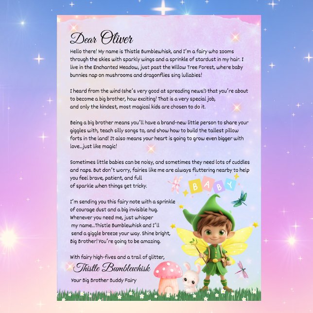 Invitation Lettre fée personnalisée mignonne pour Big Brother (Personalized Fairy Letter for Big Brother, Cute Boy Fairy Magical New Sibling Encouragement Letter)