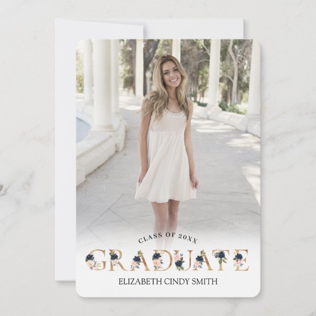 Invitation Lettre florale Blush Gold Navy - photo de graduati (Devant)