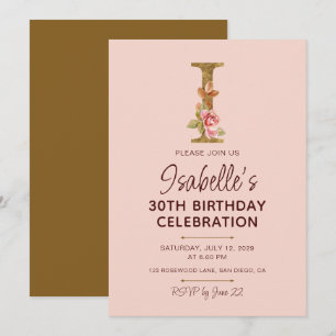 Invitation Lettre I Monogramme Or Roses Rose Pâle