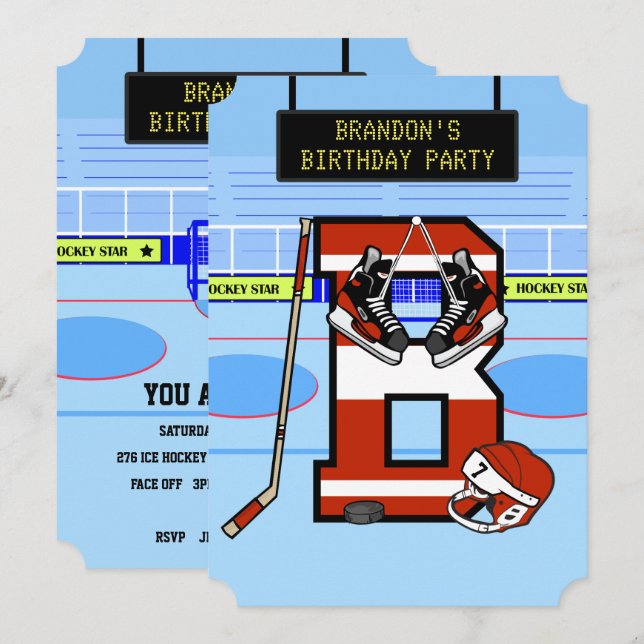Invitation Lettre initiale personnalisée B Hockey sur glace (Devant / Derrière)