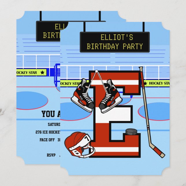 Invitation Lettre initiale personnalisée E Hockey sur glace (Devant / Derrière)