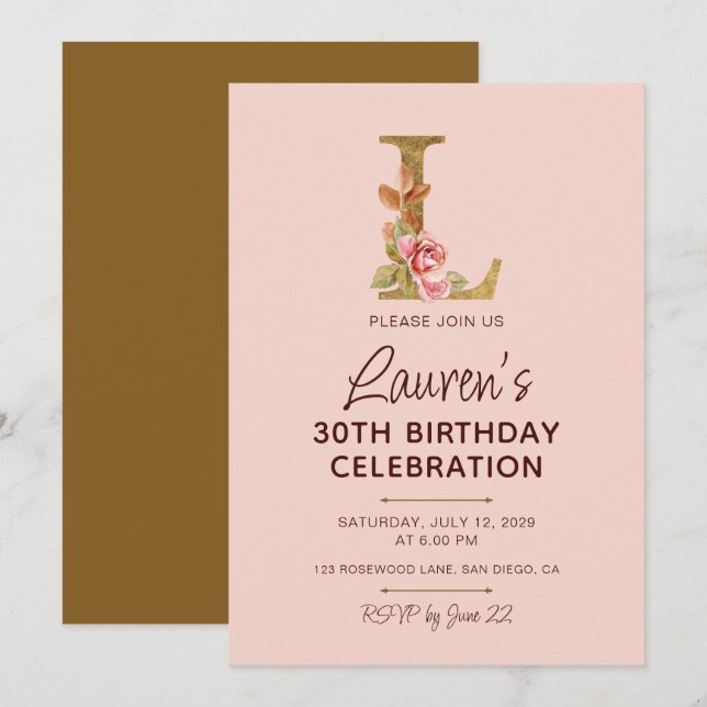 Invitation Lettre L Monogramme Or Roses Rose Blush (Devant / Derrière)