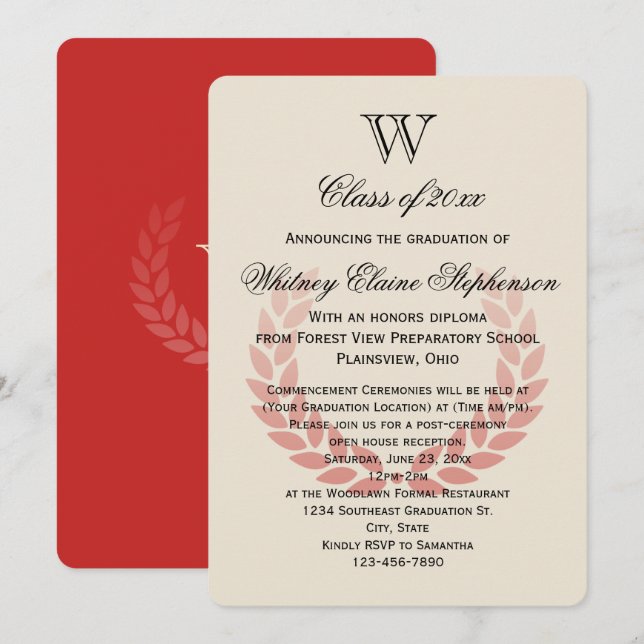 Invitation Lettre Monogram Classic Red College Graduation (Devant / Derrière)