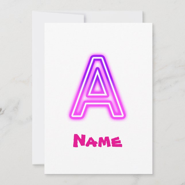 Invitation Lettre néon A Monogramme Lumineux Rose Violet Init (Devant)