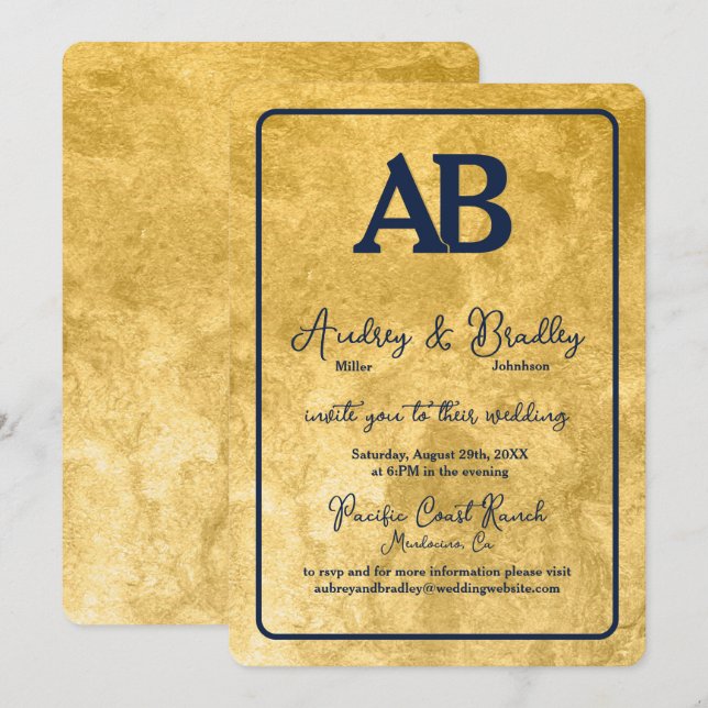 Invitation Lettre or bleu marine 2 lettre Mariage Monogramme (Devant / Derrière)